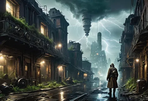 A future doctor in a white robe wearing a future Gas Mask walks through a destroyed future city，Heavy rain(illumination,The City...