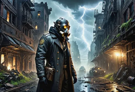 A future doctor in a white robe wearing a future Gas Mask walks through a destroyed future city，Heavy rain(illumination,The City...