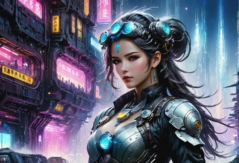 Future Cyberpunk mechanical girl wearing a future gas mask walking through the destroyed future city，Silver Mechanical Girl，Skyl...