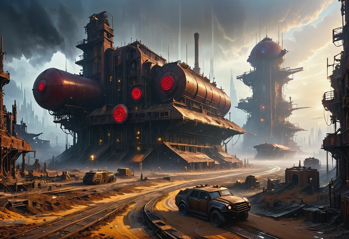Eine wunderschöne rote Rose blüht im Zentrum einer verlassenen Stadt, die von Ruinen und gelbem Sand bedeckt ist, Dämmerungdrops, Dämmerung, subtile Sonnenstrahlen, Es gibt viele rostige Strukturen in der Luft,Zerstörtes großes Radar，Verlassene Raumstationsbasis， scenic Dystopische Umgebung, Dystopische Umgebung, Industrielle Science-Fiction, Industrielle Science-Fiction, Industrielle Science-Fiction, Steampunk-Raumstation-Basis-Hintergrund, Dystopische digitale Konzeptkunst, Steampunk city, postapokalyptische Fabrik, Steampunk-Ruinen der Zukunft, Industrielle Science-Fiction, Steampunk-Konzeptkunst, Dystopische Alienlandschaft, In einer Steampunk-Stadtlandschaft, Dystopische Landschaft mit nebliger Straße, Natur, Realismus, hyperRealismus, feine Details