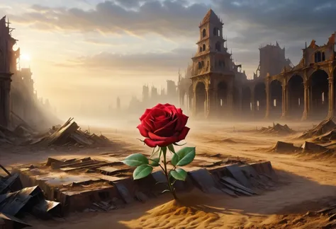 A beautiful red rose blooms in the center of a deserted city covered in ruins and yellow sand, dawndrops, dawn, subtle rays of s...