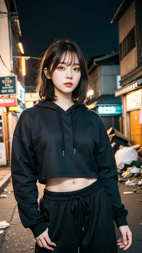 18-year-old,korean women,dancer on the road,(((dirty neon street at night))),(((frowning,カメラをglaring))),(very fine eye), (((wear...