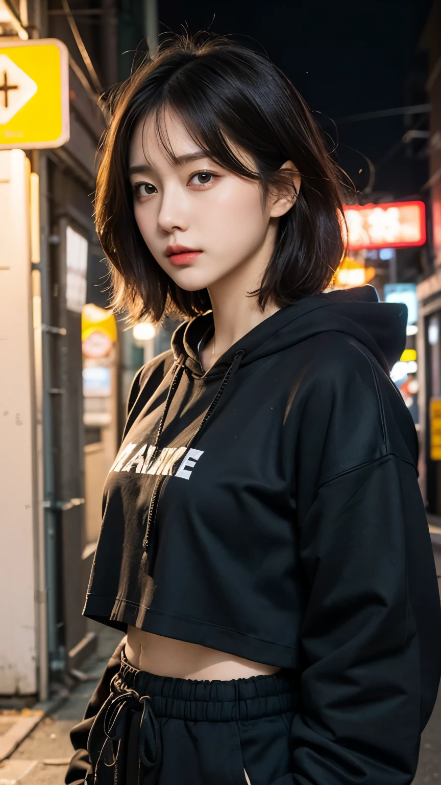 18-year-old,Korean women,Dancer on the road,(((Dirty neon street at night))),(((Frowning,カメラをGlaring))),(Very fine eye), (((Wearing a long black hoodie,Wearing baggy pants))),(((Collapsing Building))),(((old buildings))),((photograph)),((A woman near a garbage dump)),(((Fabric Shading))), (((highest quality))), (((masterpiece))) strong girl, ((((Realistic)))), I have a card,Black Hair, chic hairstyle, ((With bangs,Straight medium bob cut, nice hair)), Light makeup,Red eyes, (((I&#39;m not wearing lipstick))), (nice, strong), (((Strong night atmosphere))), Centered Images, Looking at the camera, Elegant colors,Realistic Skin,Realistic texture,８k,whole body,Pale skin, (((Dirty garbage dump))),A huge amount of trash,Red iris,Expressionless,Glaring,Perfect Face,(((Big eyes))),She is wearing wide black baggy pants,Mouth closed, portrait of aespaのウィンター,She is wearing black streetwear, Woman in black streetwear, 黒いハイテクな服を着た女性のphotograph, Girl wearing black hoodie, Cyberpunk Streetwear, Cyberpunk Streetwear street fashion e-girl,