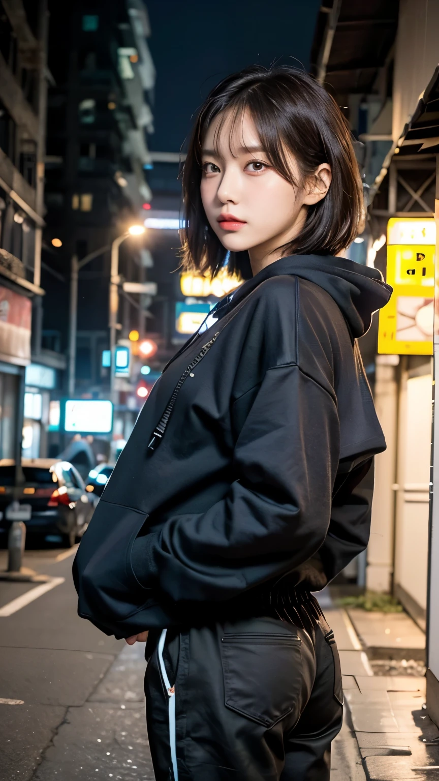 18-year-old,Korean women,Dancer on the road,(((Dirty neon street at night))),(((Facing forward))),(((Frowning,カメラをGlaring))),(Very fine eye), (((Wearing a long black hoodie,Wearing baggy pants))),(((Collapsing Building))),(((old buildings))),((photograph)),((A woman near a garbage dump)),(((Fabric Shading))), (((highest quality))), (((masterpiece))) strong girl, ((((Realistic)))), I have a card,Black Hair, chic hairstyle, ((With bangs,Straight medium bob cut, nice hair)), Light makeup,Red eyes, (((I&#39;m not wearing lipstick))), (nice, strong), (((Strong night atmosphere))), Centered Images, Looking at the camera, Elegant colors,Realistic Skin,Realistic texture,８k,whole body,Pale skin, (((Dirty garbage dump))),A huge amount of trash,Red iris,Expressionless,Glaring,Perfect Face,(((Big eyes))),She is wearing wide black baggy pants,Mouth closed, portrait of aespaのウィンター,She is wearing black streetwear, Woman in black streetwear, 黒いハイテクな服を着た女性のphotograph, Girl wearing black hoodie, Cyberpunk Streetwear, Cyberpunk Streetwear street fashion e-girl,