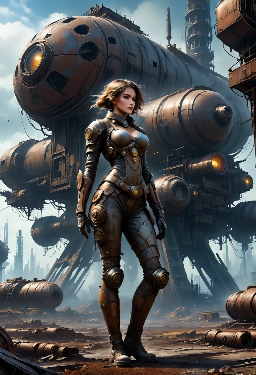 Future cyberpunk mechanical girl wearing a future gas mask walking through the destroyed future city，Silver Mechanical Girl，Mechanical joints，There are many rusty structures in the air,Destroyed large radar，Abandoned space station base， scenic Dystopian environment, Dystopian environment, Industrial science fiction, Industrial science fiction, Industrial science fiction, Steampunk space station base background, Dystopian digital concept art, Steampunk city, post-apocalyptic factory, Steampunk ruins of the future, Industrial science fiction, Steampunk concept art, Dystopian alien landscape, In a steampunk cityscape, Dystopian Landscape