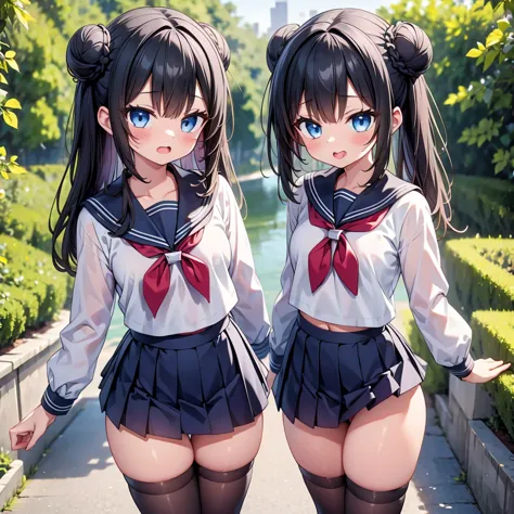 highest quality,wonderful,finely,extremely detailed CG Unity 8K wallpaper, (2 Girls,Black Hair, Blue Eyes,double bun), (small br...