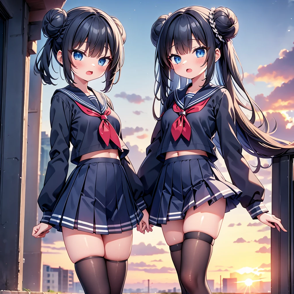 highest quality,wonderful,finely,extremely detailed CG Unity 8K wallpaper, (2 Girls,Black Hair, Blue Eyes,double bun), (small breast:1.2), (sailor uniform:1.1), (open mouth:1.2), (long tongue:1.2), (mouth drool:1.2), (black stockings:1.1),(Thighs),(Waistline),(standing:1.2),(written boundary depth)