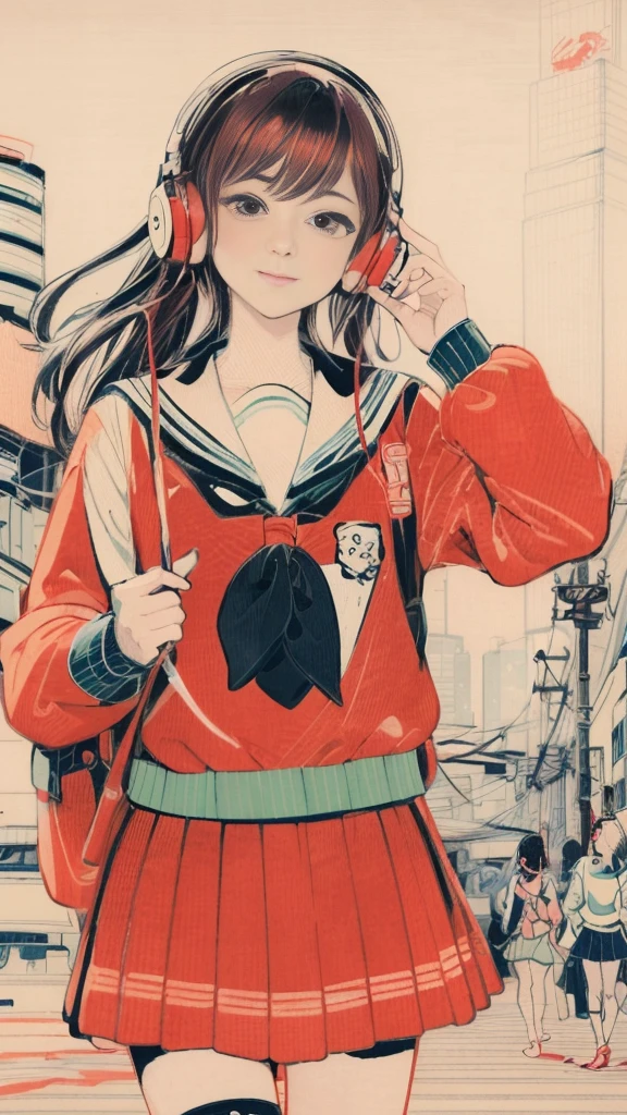 (Ukiyo-e style:1.5)、(Put on your headphones:1.0),Cute girl walking on the street、high school girl、uniform、Ukiyo-e art wallpaper、Travel back in time to the Edo period