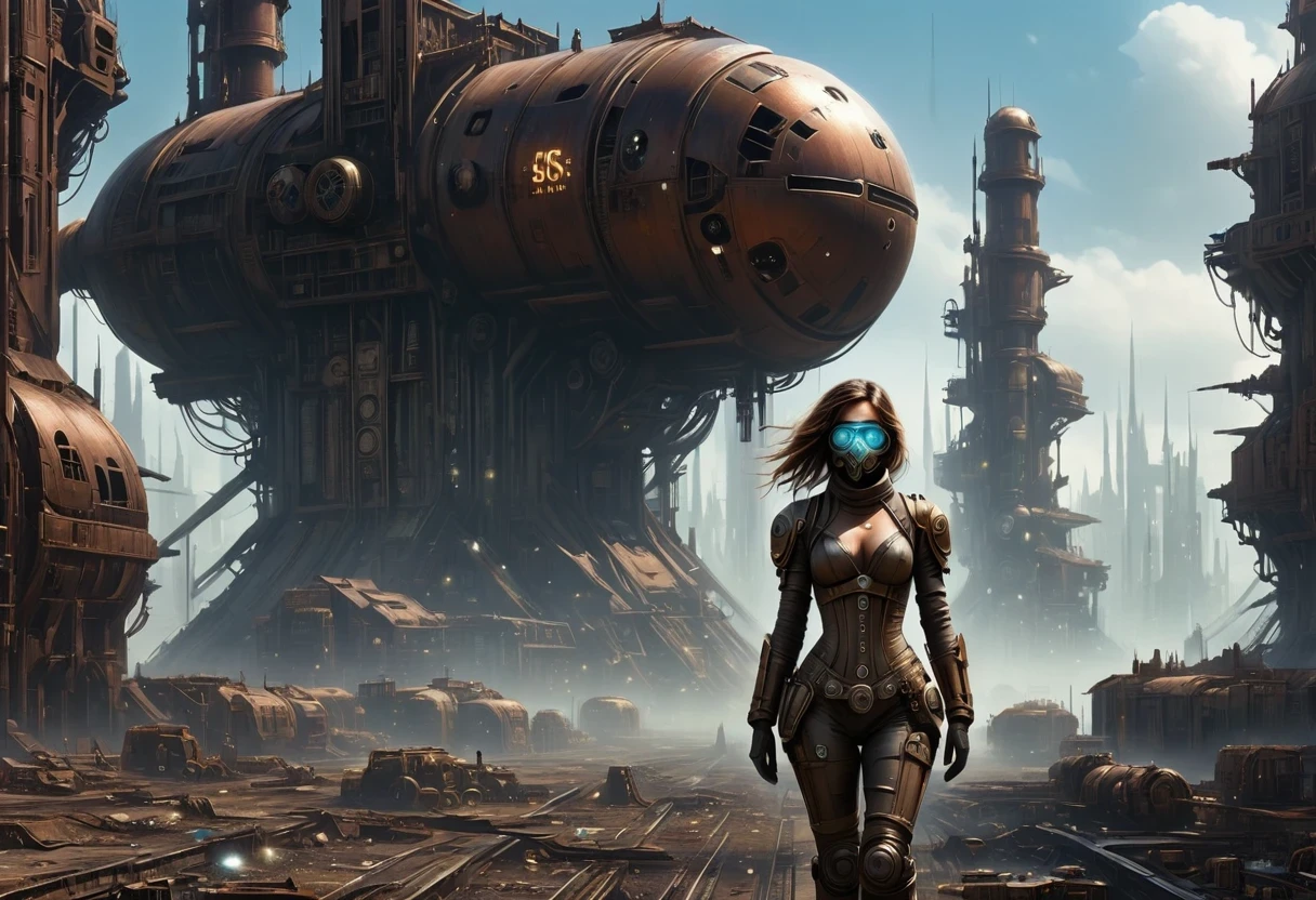 Future cyberpunk mechanical girl wearing a future gas mask walking through the destroyed future city，Silver Mechanical Girl，Mechanical joints，There are many rusty structures in the air, scenic Dystopian environment, Dystopian environment, Industrial science fiction, Industrial science fiction, Industrial science fiction, Steampunk space station base background, Dystopian digital concept art, Steampunk city, post-apocalyptic factory, Steampunk city of the future, Industrial science fiction, Steampunk concept art, Dystopian alien landscape, In a steampunk cityscape, Dystopian Landscape