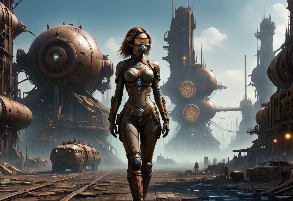 Future cyberpunk mechanical girl wearing a future gas mask walking through the destroyed future city，Silver Mechanical Girl，Mechanical joints，There are many rusty structures in the air, scenic Dystopian environment, Dystopian environment, Industrial science fiction, Industrial science fiction, Industrial science fiction, Steampunk space station base background, Dystopian digital concept art, Steampunk city, post-apocalyptic factory, Steampunk city of the future, Industrial science fiction, Steampunk concept art, Dystopian alien landscape, In a steampunk cityscape, Dystopian Landscape