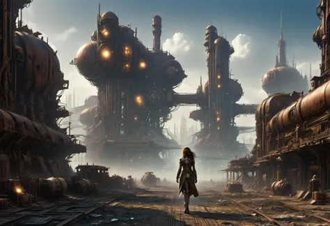 Future cyberpunk mechanical girl wearing a future gas mask walking through the destroyed future city，Silver Mechanical Girl，Mech...