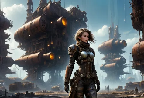 Future cyberpunk mechanical girl wearing a future gas mask walking through the destroyed future city，Silver Mechanical Girl，Mech...