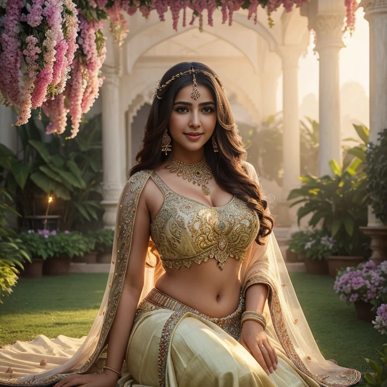 (masterpiece fantasy photography:1.3) of a (solo:1.3) ravishing elegant chubby big breasts, huge breasts, supermodel Sonam Bajwa as persian bride, in a elegant garden wedding, wearing shimmering red lehenga and blouse, navel, glittering henna tattoos, lavish flower decorations, (ravishing long wavy backlit hair), enchanting, (glowing intricate eyes:1.3), (adorable smile:1.3) soft dramatic lighting, flower bouqets everywhere, backlit, light rays, highly detailed, trending on artstation, paint splashes, rich colour, fantasy portrait, by atey ghailan & greg Rutkowski