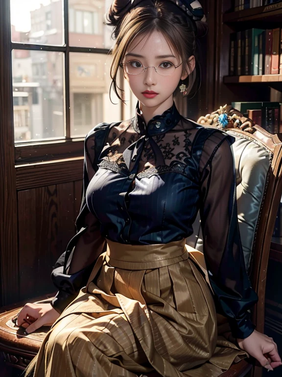 (Realistic、High resolution:1.3),alone, One Girl, masterpiece, highest quality, Very detailed, Cinema Lighting, Intricate details, High resolution, Official Art, Beautifully detailed face and eyes, High resolutionのイラスト, 8k,(((Hair Bun:1.5))),Ash Brown Hair:1.3, Very thin body, ((Long skirt、Striped shirt :1.3)) 、Single Blade, blue eyes, Glasses, Conceit, Sit on a chair, Upper Body, Big Breasts, White shirt, Book_stack, library, ((vine)), Looking at the audience