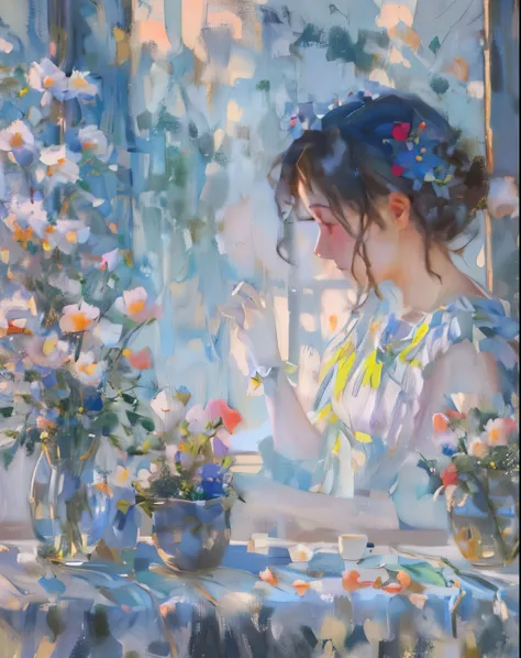 theme details：the lady in the painting sits quietly by the window，looking out at the scenery through the window。the vase next to...