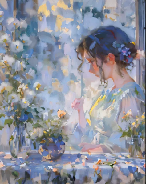 Theme details：The lady in the painting sits quietly by the window，Looking out at the scenery through the window。The vase next to...