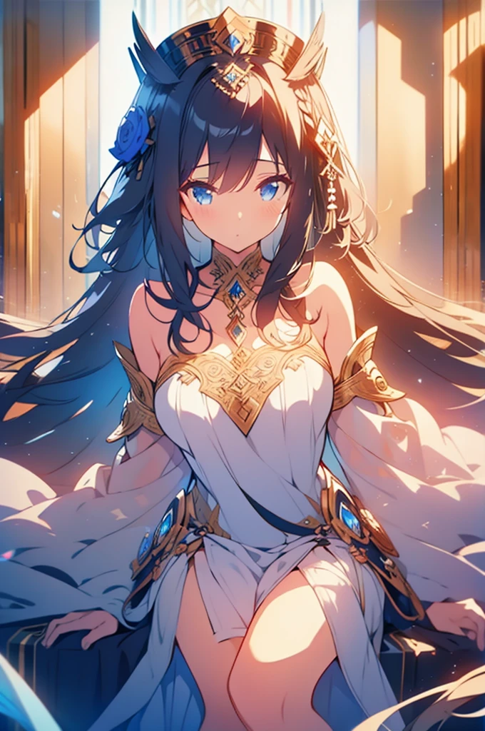 (((masterpiece))),best quality, illustration,(beautiful detailed girl),bare shoulders,flat_chst,diamond and glaring eyes,beautiful detailed cold face,very long blue and sliver hair,floaing black feathers,wavy hair,black and white sleeves,gold and sliver fringesl,a silver triple crown inlaid with obsidian,(sit) on the black ((throne)), (depth) of (field),big_breasts