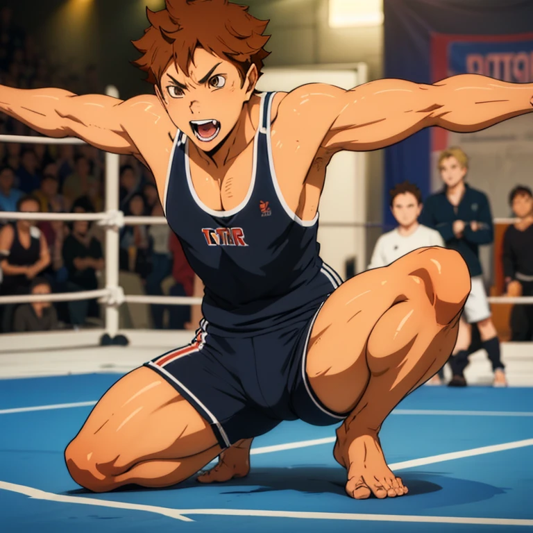 (A detailed drawing of Hinata, male 15 years old, Bodybuilding-Fitnessstudio.), With a naked torso, oiled body, Ripping clothes, the strongest of all, huge muscular body, big Bizeps, big shoulders, Muscle legs,abs, Barefoot, Martial arts, high step, Full body image, Side chest, Wrestling fight won , beserk 