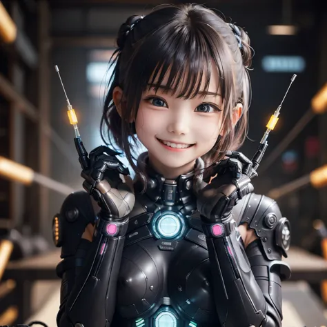 highest quality、8ｋ、(((Very cute smile)))、10 years old、Characters with cyberpunk-style mechanized body parts stand out.. The tran...