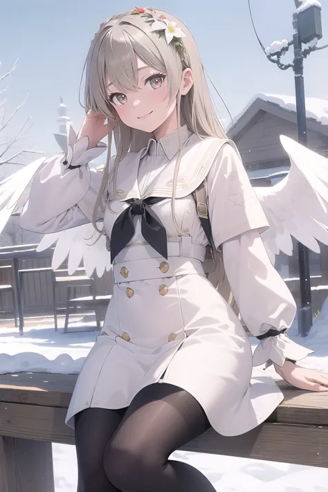 (masterpiece:1.3), (Absurd:1.3), (highest quality:1.3), (Very detailed:1.3), snow, Outdoor, Upper Body, wave hands, smile, One girl, Nagisa fi, Hello, White Wings, Long sleeve, White Dress, Sailor collar, Capelet, White Skirt, Black Pantyhose,nude,sex