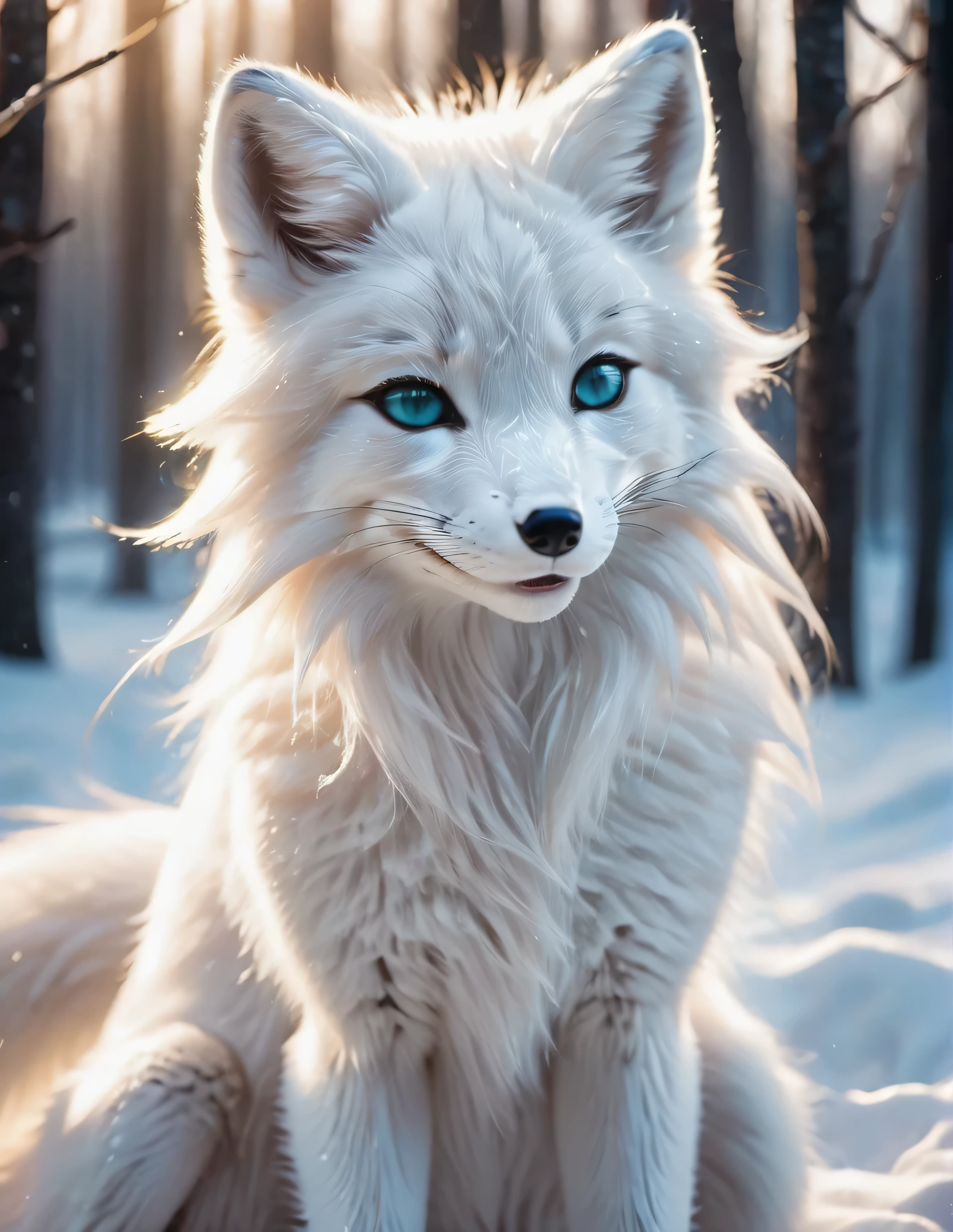 wildlife photography, high contrast, award winning photography, ultra realistic,very detailed,
movement pose, side view, triumphant, 
happy, detailed open mouth, 
female furry, anthro, arctic fox, white fur, glossy fur, (glossy eyes), highly_detailed_face, symmetrical_eyes, thick thighs, 
((detailed white fox face)), ((furry legs)), furry chest, nude, teal eyes, 
wind, (crystal:0.5), 
long dense white hair, white mane, ((wild dense white hair)),
fluffy chest, cute, girl, young, looking at viewer, cute-fine-face, (chibi:0.5),
detailed and fluffy body fur, nude, small breasts, fangs, claws, (furry crotch:0.5)
uploaded on e621, by castitas, by loimu, by hioshiru, 
fog, god-rays,
front light, sunlight, winter meadow, (winter forest:0.5), volumetric lighting, snowing,
cinematic composition, cinematic lighting, stunningly beautiful, golden hour,
concept art, highly detailed, 
(masterpiece), best quality, realistic, (intricate:0.9), (high detail:1.4), film photography, sharp focus,