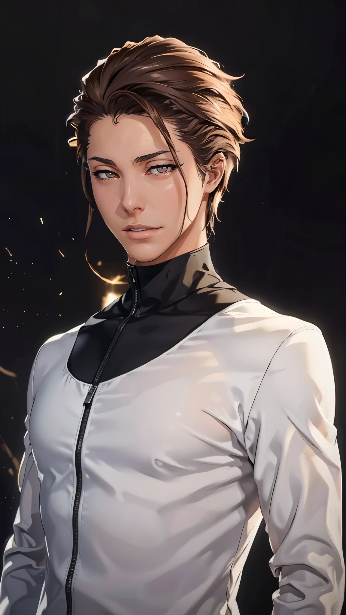 （（（Perfect figure，figure，man，独奏，（（（White clothes，white coat，）））， （（（aizen，Brown short hair, brown pupils,））），((masterpiece)),high resolution, ((Best quality at best))，masterpiece，quality，Best quality，（（（ Exquisite facial features，Looking at the audience,There is light in the eyes，(（（Lol，confidence））)，））），型figure:1.7））），（（（Light and shadow，））），（（（Looking at the camera，black background，）））