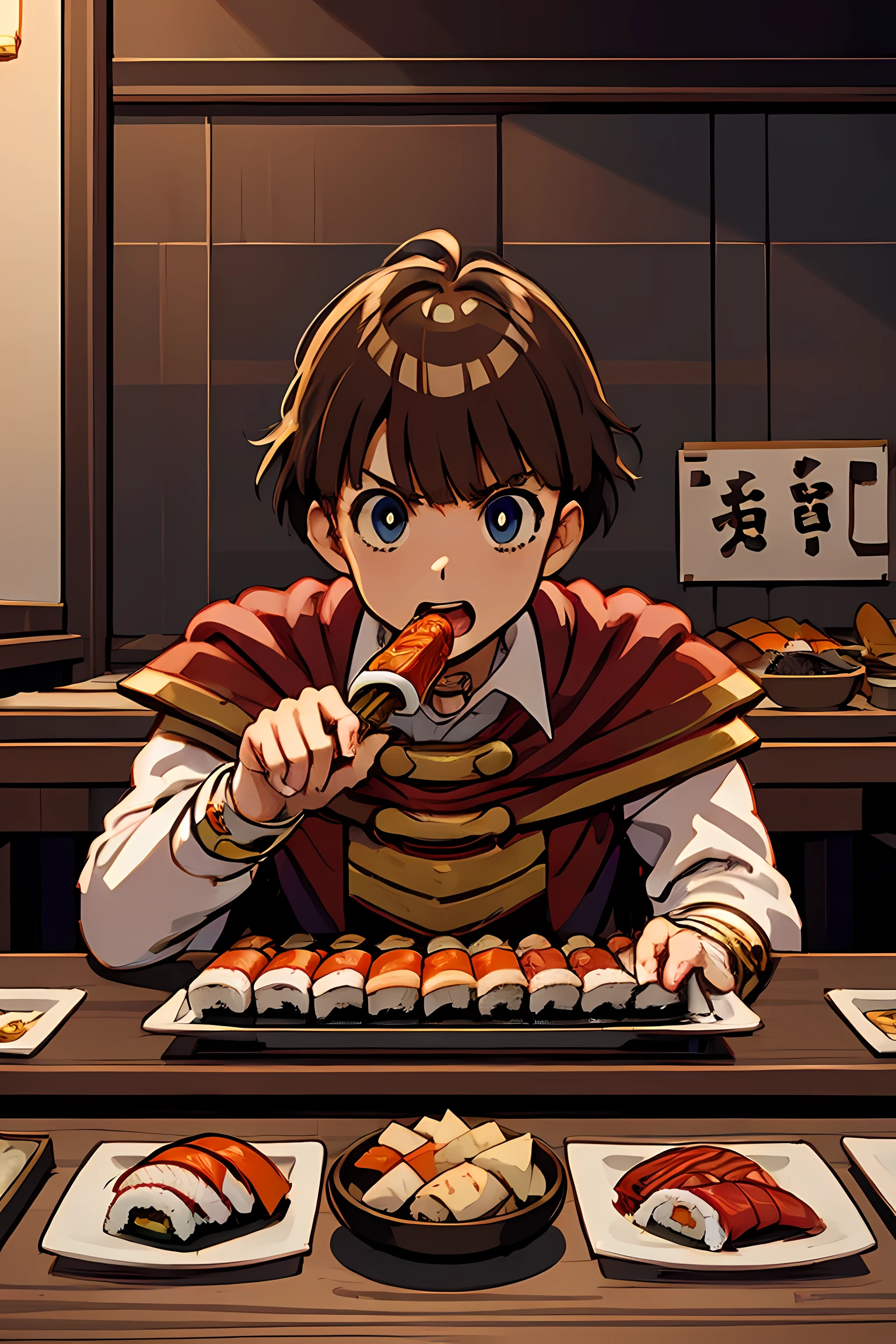 Personagem de anime comendo sushi com pauzinhos na frente dele - SeaArt AI