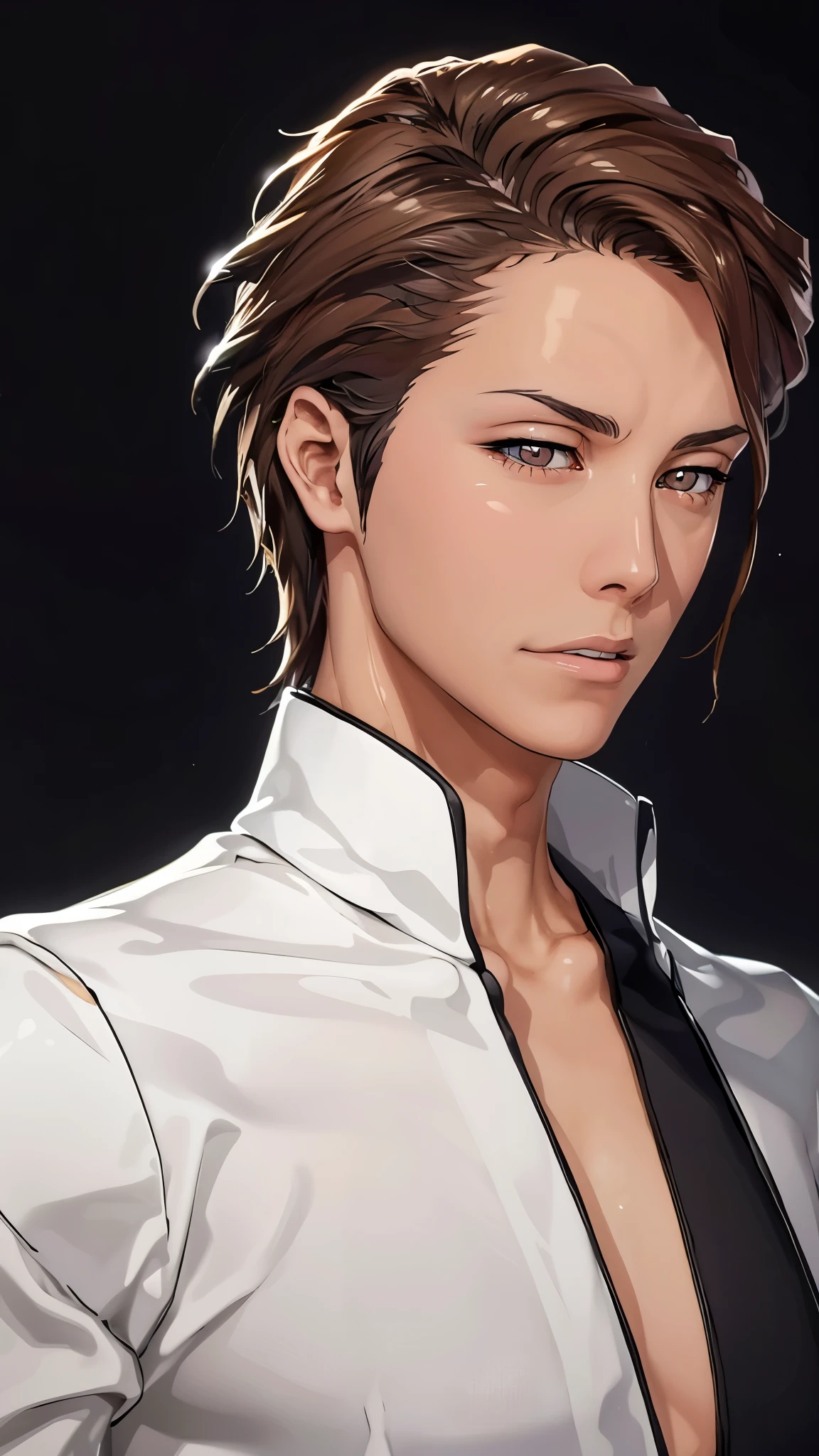 （（（Perfect figure，figure，man，独奏，（（（White clothes，white coat，）））， （（（aizen，Brown short hair, brown pupils,））），((masterpiece)),high resolution, ((Best quality at best))，masterpiece，quality，Best quality，（（（ Exquisite facial features，Looking at the audience,There is light in the eyes，(（（Lol，confidence））)，））），型figure:1.7））），（（（Light and shadow，））），（（（Looking at the camera，black background，）））