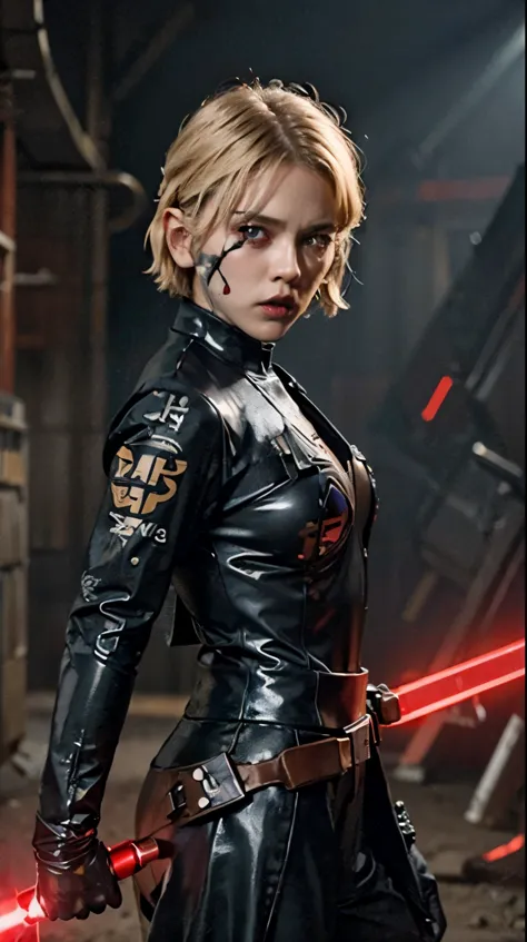 15 years old, short bob cut blonde hair, bang, fierce expression, sith lord from star wars, wearing dark armor, holding a red li...