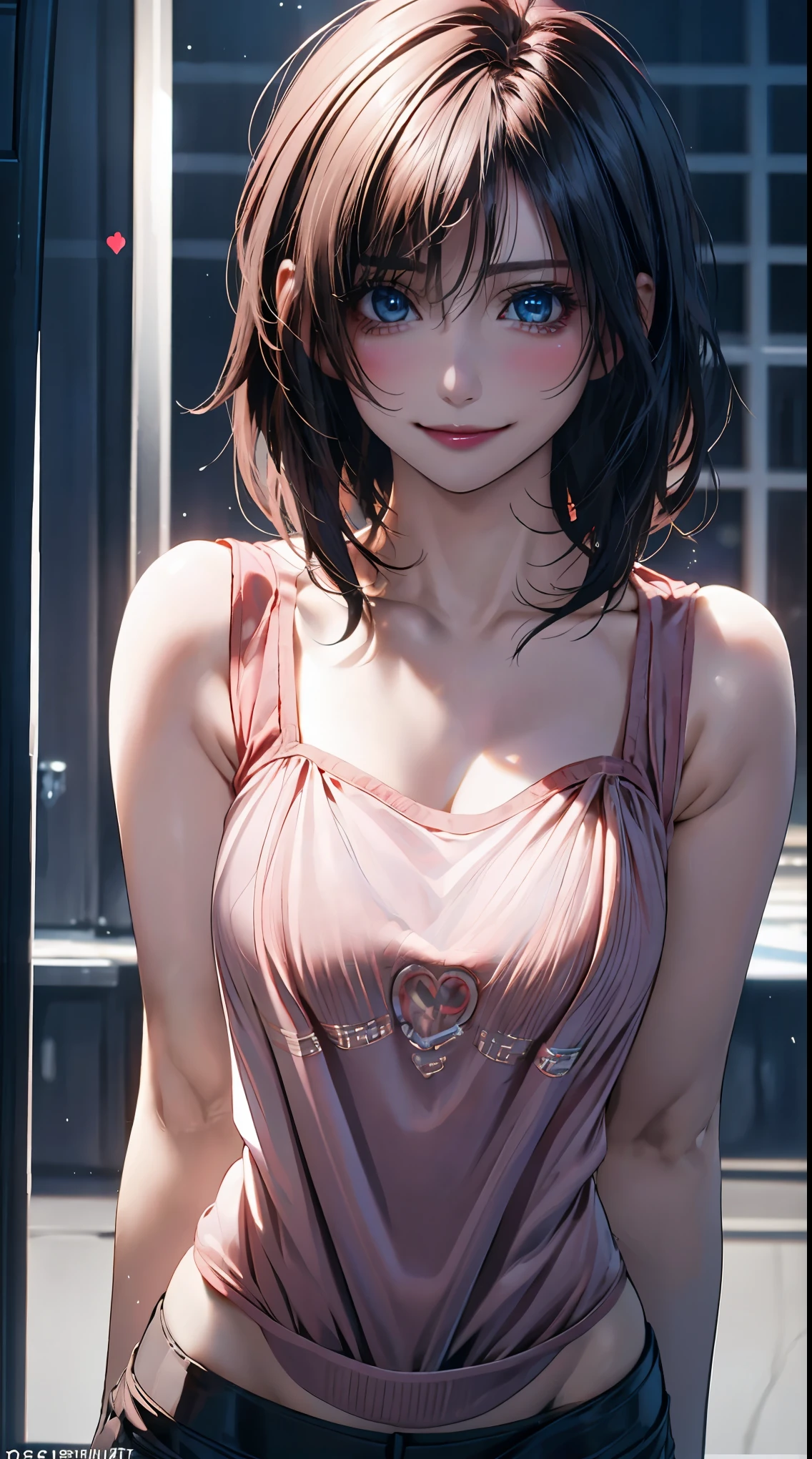 Best Quality, Ultra High Resolution, (Photorealistic: 1.4), Beautiful Eyes, Super Beautiful, Very Short Hair, Beautiful, Sweetheart, T-shirt with Rough Chest, Eyes That Invite Viewer, Lover's Perspective, Inviting Expression, Sexy Smile, Perfect Style, Perfect Balance, Detailed Skin, Naughty Gaze, Chest Visible,large breasts,wide hips,