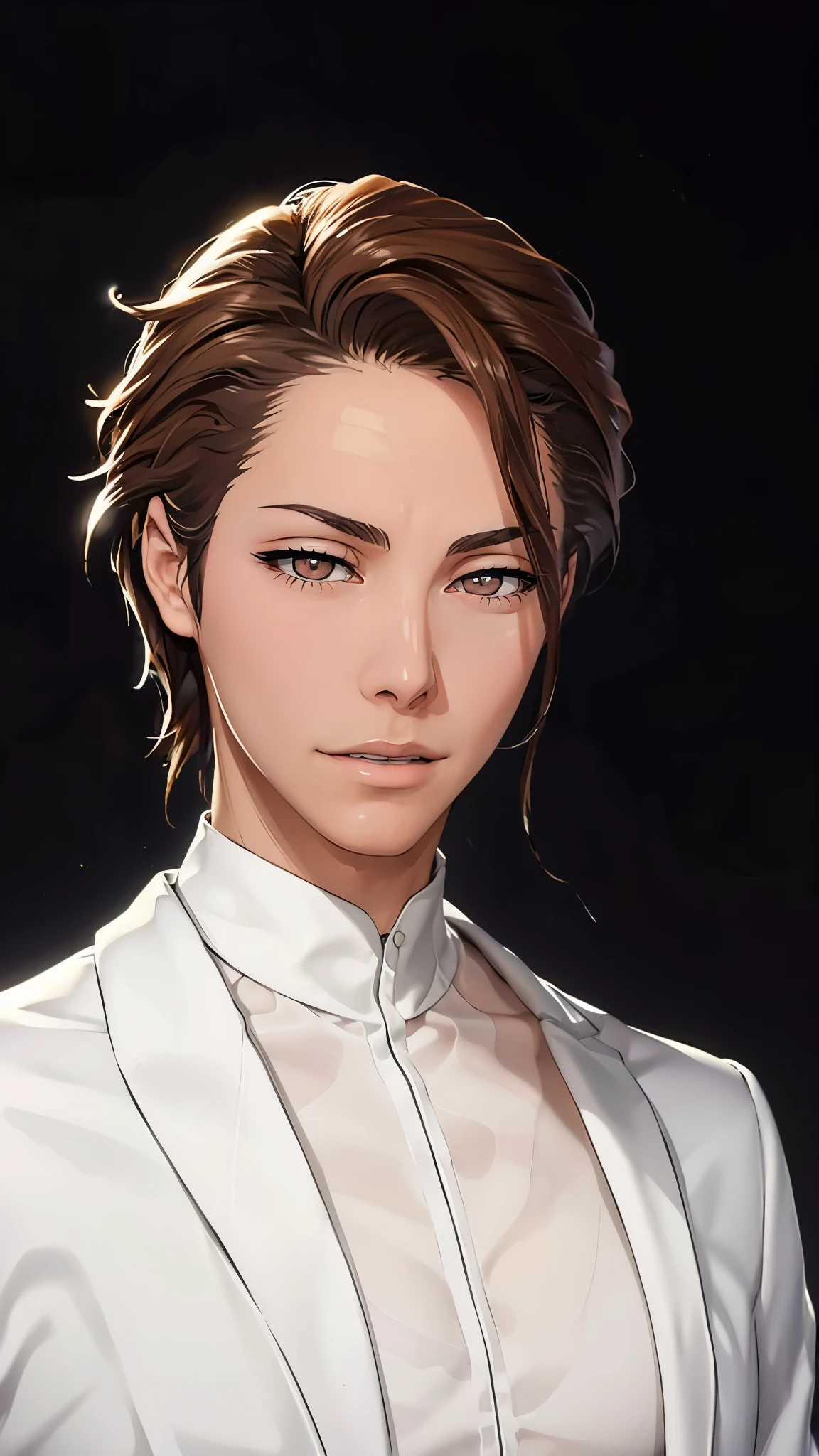 （（（Perfect figure，figure，man，独奏，（（（White clothes，white coat，）））， （（（aizen，Brown short hair, brown pupils,））），((masterpiece)),high resolution, ((Best quality at best))，masterpiece，quality，Best quality，（（（ Exquisite facial features，Looking at the audience,There is light in the eyes，(（（Lol，confidence））)，））），型figure:1.7））），（（（Light and shadow，））），（（（Looking at the camera，black background，）））