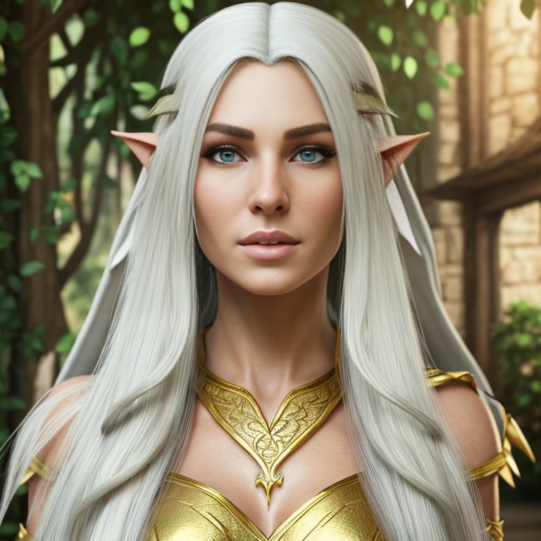 1 female elf with, pretty face, 3, Ultra detailed face and eyes, hyperrealistic, realistic representation, wearing a long gold elf dress, dancing through an elf village, full body, She has long white hair