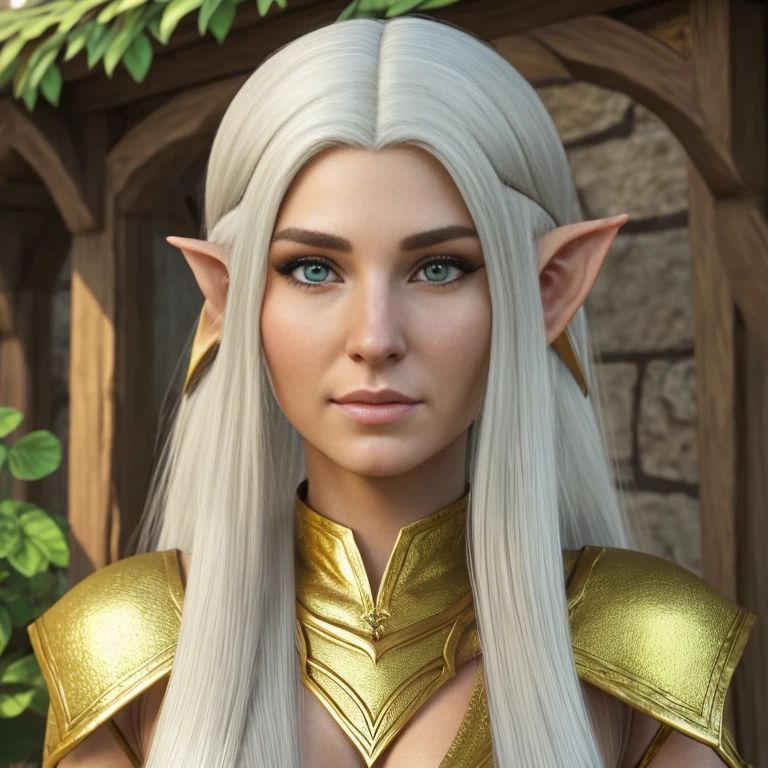 1 female elf with, pretty face, 3, Ultra detailed face and eyes, hyperrealistic, realistic representation, wearing a long gold elf dress, dancing through an elf village, full body, She has long white hair