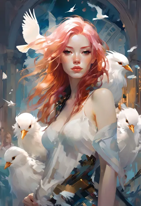 A queen with long pink hair and a bunch of white birds, loish and wlop, artgerm and james jean, red haired goddess, by loish, in...