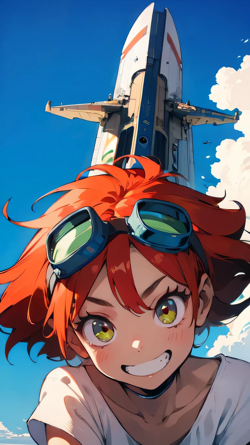 (Radical Ed:1.5), (Edward Wong Hau Pepelu Tivrusky IV), red hair, (Green goggles), white shirt, A once-in-a-millennium masterpiece, A photo you will never get again, Inexplicable high resolution, The cutest girl in the world, Ultra high definition eyes, Eyes that seem to draw you in, Jewel-like eyes, Extreme close up, very slender, clavicle, , spaceship on the background, blue sky, grin, shoulder