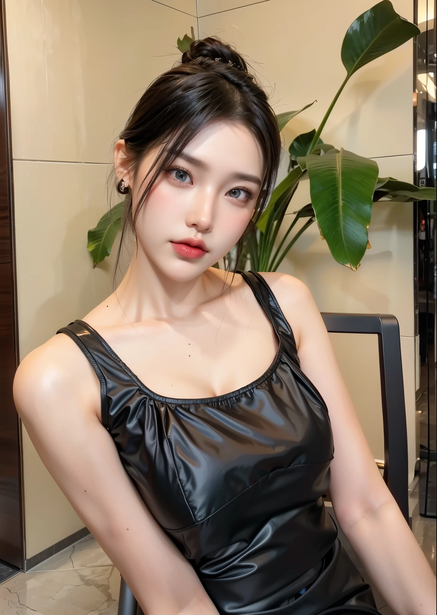 椅子に座っている黒いドレスを着た女性のクローズアップ SeaArt AI