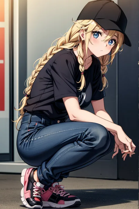 an anime girl in black shirt and hat and jeans on her knees, 1girl, solo, twin braids, blue eyes, hat, braid, blonde hair, long ...