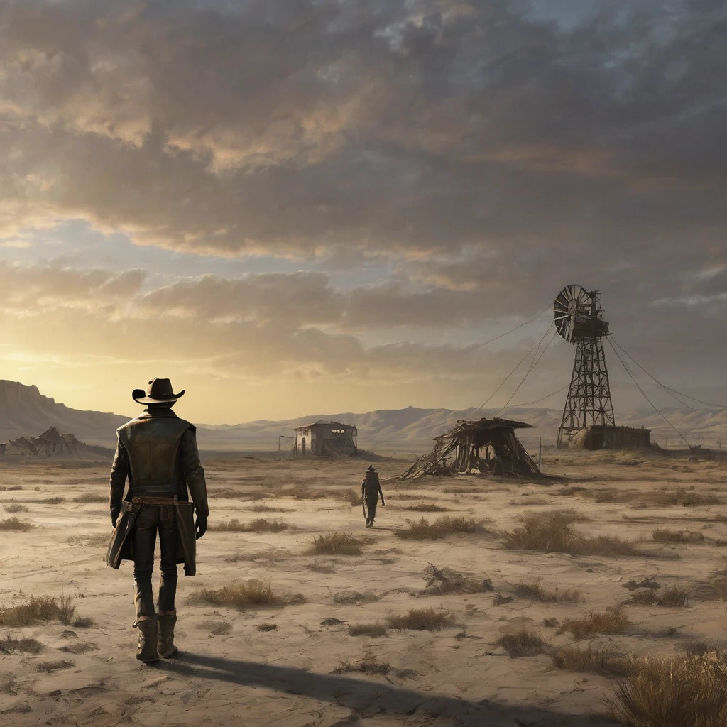 Vista trasera desde lejos. Un paisaje desolado post-apocalíptico. Un hombre delgado con un poncho andrajoso y un sombrero de vaquero camina por un terreno desierto.. atardecer. Sombras alargadas dramáticas. Ruinas en el horizonte . El patrón de color está al estilo del juego. "caer". hiperdetalización. cinematografía. texto "juego terminado" flotando por encima, hiperdetallado, resolución de 32K, pintura digital, detalles ultrafinos.