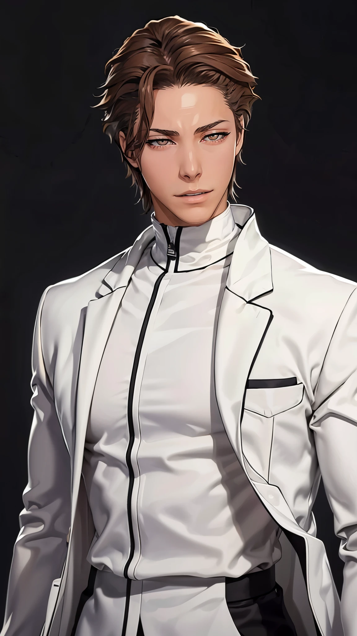 （（（完美chiffre，chiffre，homme，seulement，（（（Vêtements blancs，manteau blanc，）））， （（（aizen，Cheveux courts bruns, pupilles brunes,））），((chef-d&#39;œuvre)),haute résolution, ((Best qualité at best))，chef-d&#39;œuvre，qualité，Best qualité，（（（ Des traits du visage exquis，En regardant le public,Il y a de la lumière dans les yeux，(（（Lol，confiance））)，））），型chiffre:1.7））），（（（lumière et ombre，））），（（（en regardant la caméra，fond noir，）））