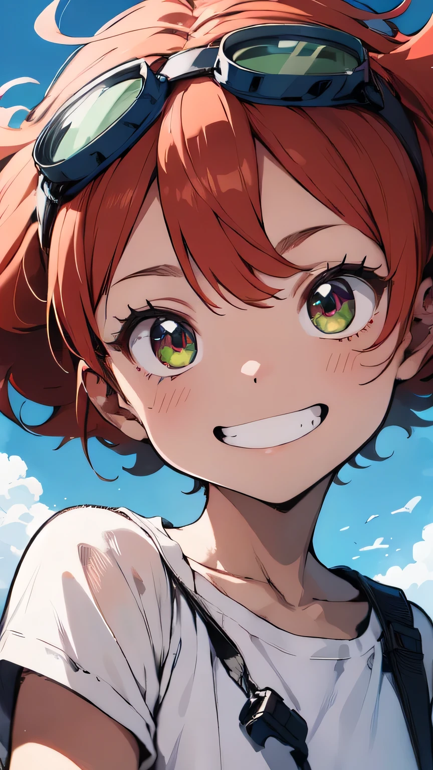 (Radical Ed:1.5), (Edward Wong Hau Pepelu Tivrusky IV), red hair, (Green goggles), white shirt, A once-in-a-millennium masterpiece, A photo you will never get again, Inexplicable high resolution, The cutest girl in the world, Ultra high definition eyes, Eyes that seem to draw you in, Jewel-like eyes, Extreme close up, very slender, clavicle, , spaceship on the background, blue sky, grin, shoulder