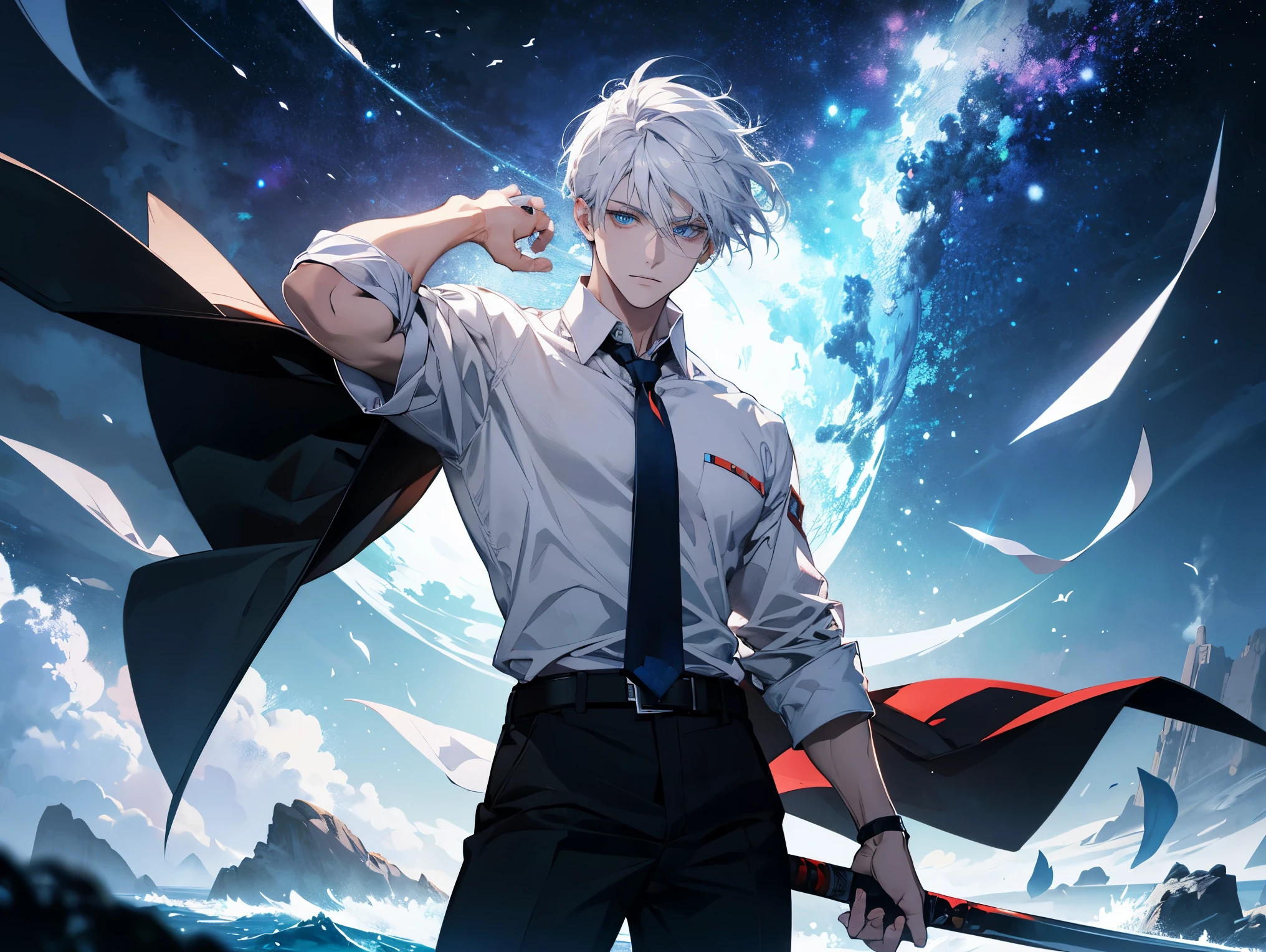 1 male,, 26 year old, masculine, short white hair, Attractive, red tie, White shirt, Rolled up sleeves, Black belt, Black pants, eyes of ocean color, Beautiful blue eyes、beautiful hair、no expression, holding a sky blue sword, black hilt, Trending on ArtStation, 8K resolution, Highly detailed, Anatomically correct, Sharp Image, Digital Painting, Concept art, of the highest quality、galaxy snowy forest background, flying pages