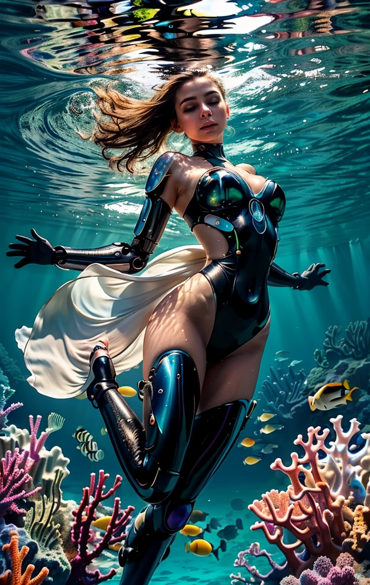 Inspired by marine nature, a cyborg girl with an elegant and graceful body dives into the warm depths of the ocean. She is dressed in a light and transparent swimsuit that hugs her futuristic body, allowing her to move freely in the water. Her metallic skin, giving her a special charm, reflects the play of sunlight underwater, creating an impression of mystery and magic.

Best quality, ultra-detailed, photorealistic:1.37, HDR, studio lighting, physically-based rendering, extreme detail description, professional, vivid colors, bokeh.

The cyborg girl's eyes are equipped with special lenses that allow her to see every detail of the underwater world. Her artificial hands are transformed into graceful tentacles, which she uses to affectionately touch sea creatures and collect unique specimens.

She explores the vibrant underwater world, surrounded by colorful coral reefs and vibrant marine life. The coral reefs are teeming with life, with schools of tropical fish swimming amidst the corals. The water around her is crystal clear, allowing her to see the smallest details of the marine environment.

As she swims gracefully through the ocean, she creates mesmerizing art inspired by the marine surroundings. Using her tentacles, she gently paints delicate strokes, capturing the intricate beauty of the sea. The colors she uses are vibrant and reflective, mirroring the bright hues of the corals and the shifting sunlight.

Her artwork reflects not only the beauty of the ocean and its inhabitants but also her own admiration and dedication to this amazing world. Through her art, she portrays the depth and emotional power of the sea, evoking a sense of wonder and awe.

Viewers of her artwork are transported into the magical world of the ocean, where emotions and thoughts transcend reality. The images she creates bring joy and inspiration, allowing people to experience the magic of the ocean and feel a deep connection to nature on a new level.

In her art, she captures the essence o