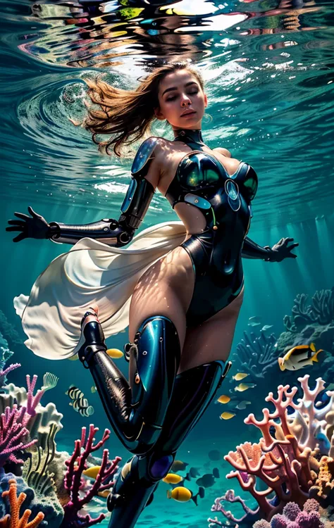 Inspired by marine nature, a cyborg girl with an elegant and graceful body dives into the warm depths of the ocean. She is dress...