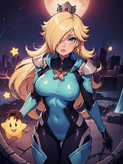 rosalina reimagined as a milf  in a space suit with a star on her chest, star guardian inspired, portrait of a curvy female anim...