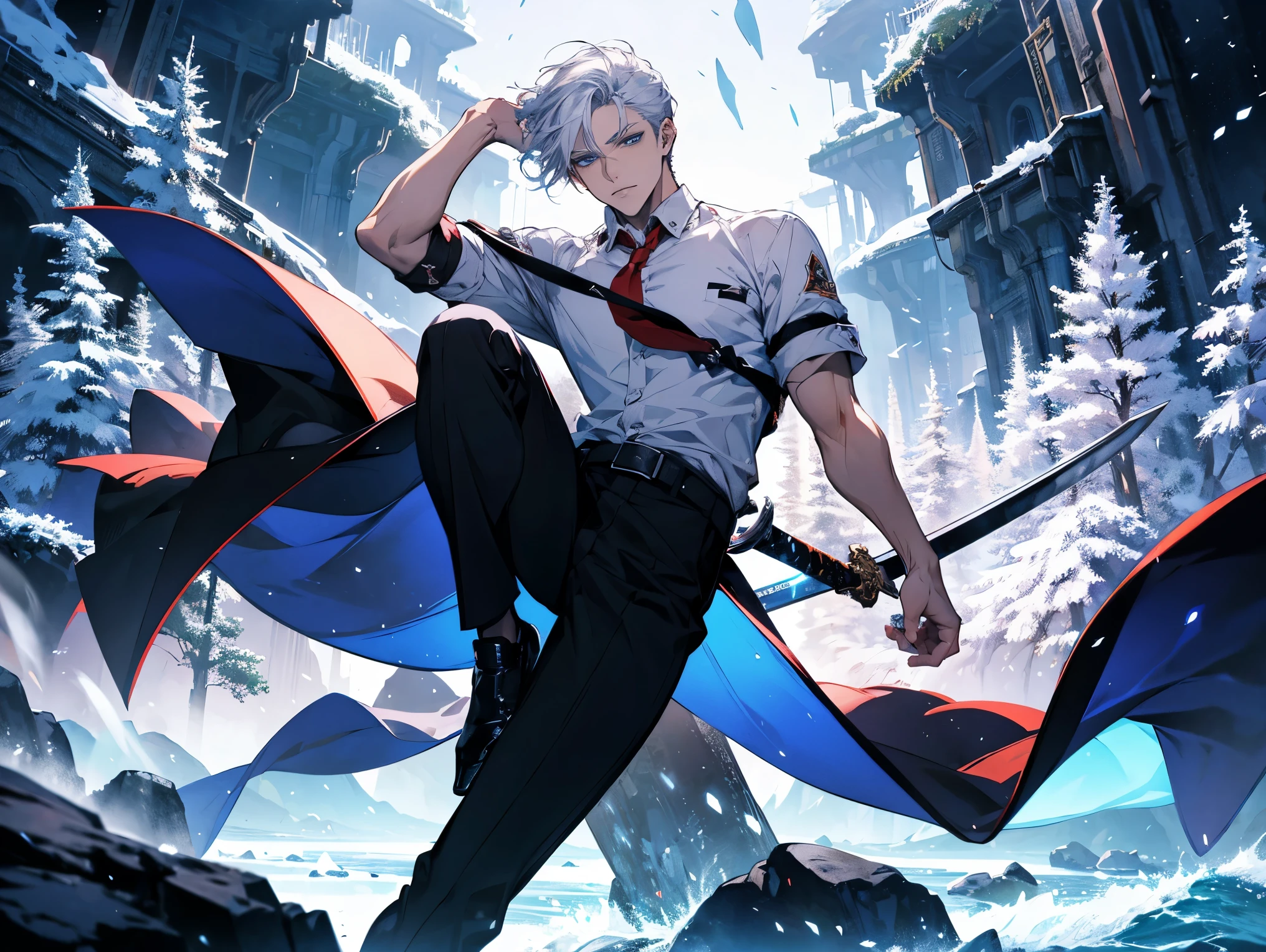 1 male,, 26 year old, masculine, short white hair, Attractive, red tie, White shirt, Rolled up sleeves, Black belt, Black pants, eyes of ocean color, Beautiful blue eyes、beautiful hair、no expression, holding a sky blue sword, black hilt, Trending on ArtStation, 8K resolution, Highly detailed, Anatomically correct, Sharp Image, Digital Painting, Concept art, of the highest quality、galaxy snowy forest background, flying pages