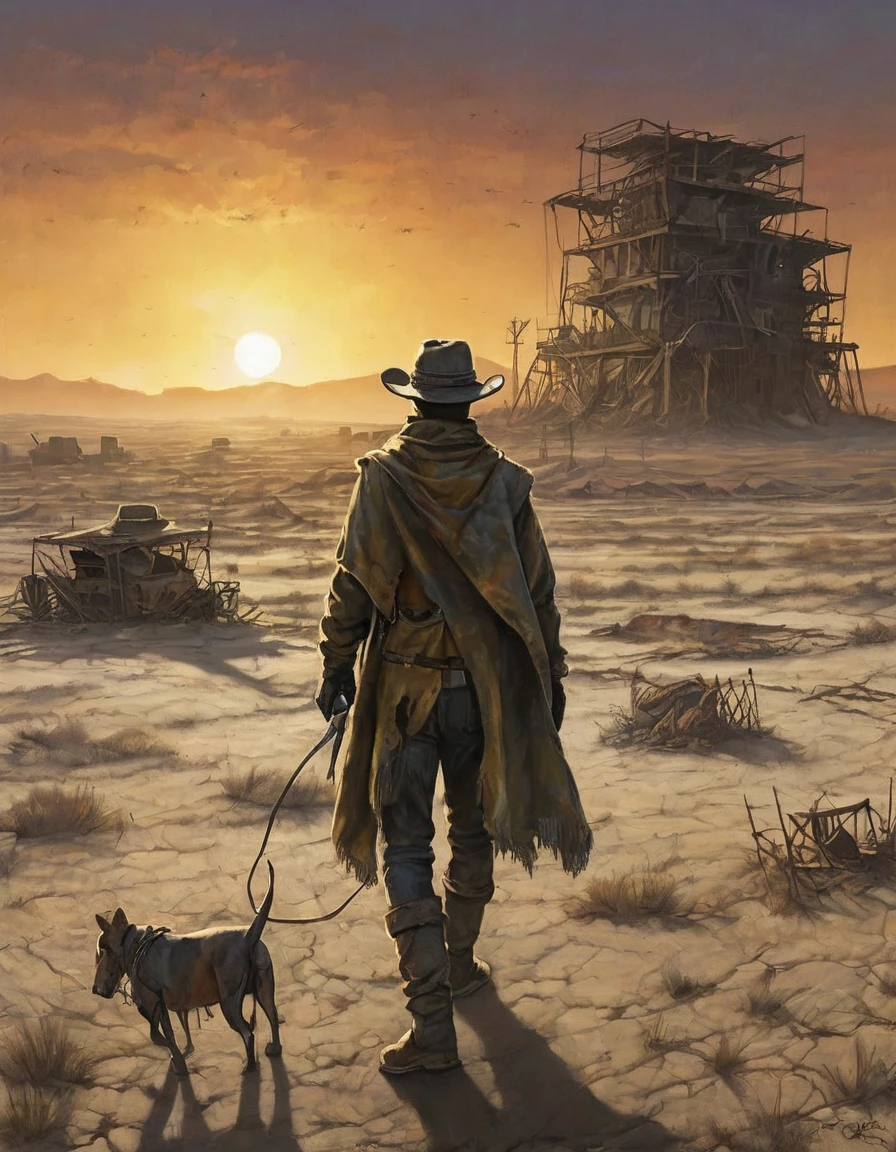 Homem magro em um poncho e chapéu de cowboy desfiados, andando para longe através de um deserto desolado, Perspectiva de longe, pôr do sol lançando sombras dramáticas e alongadas, paisagem pós-apocalíptica semelhante a "cair" Paleta de cores, ruínas pontilhando o horizonte, arte digital ecoando Greg Rutkowski, hiper-detalhado, vista isométrica, névoa e poluição poluindo a atmosfera, resíduos tóxicos espalhados, restos de paisagem pós-apocalíptica.,  cinematografia. text "game Over" flutuando acima, hiper-detalhado, Resolução de 32k, pintura digital, Detalhes ultrafinos.