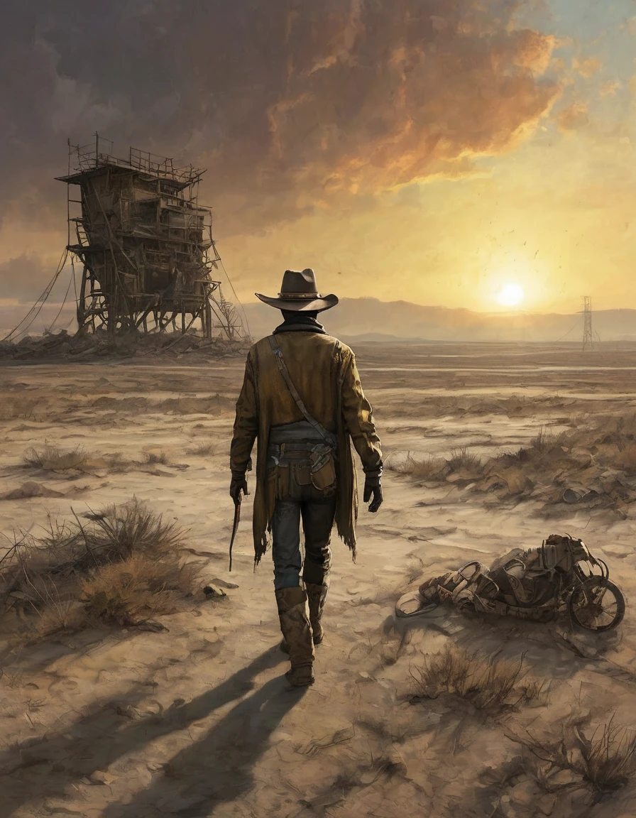 Thin man in a ragged poncho and cowboy hat, walking away across a deserted wasteland, perspective from afar, sunset casting dramatic elongated shadows, post-apocalyptic landscape akin to "Fallout" color palette, ruins dotting the horizon, digital art echoing Greg Rutkowski, hyper-detailed, isometric view, smog and pollution polluting the atmosphere, toxic waste scattered, remnants of post-apocalyptic landscape.,  Cinematography. text "game over" floating above, hyper-detailed, 32k resolution, digital painting, ultra-fine details.