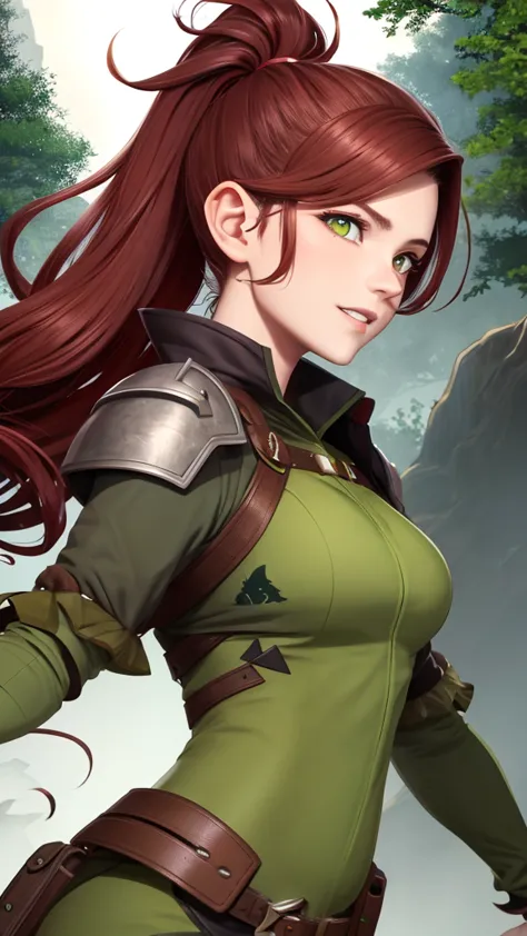 perfect face, ponytail wavy dark red hair color, sharp eyes, brown eyeballs, 1 person, goblin, green skin, claws, happy clothing...