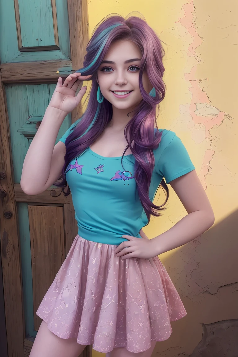 (Masterpiece, The best quality:1.2), only, 1girl , beautiful teenage girl europea , Caucasian , mlpshimmer, Nice smile , make-up , Red lips , looking at the viewer  , sunset shimmer , 18 years , beautiful teenage girl , teen model , turquoise eyes , within, fourth gamer ,  House , Full body photo  , beautiful dress 