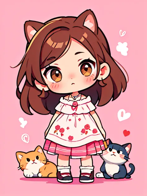 cute cartoon girl with brown hair, vistiendo un lindo rosa con un lindo gato a su lado